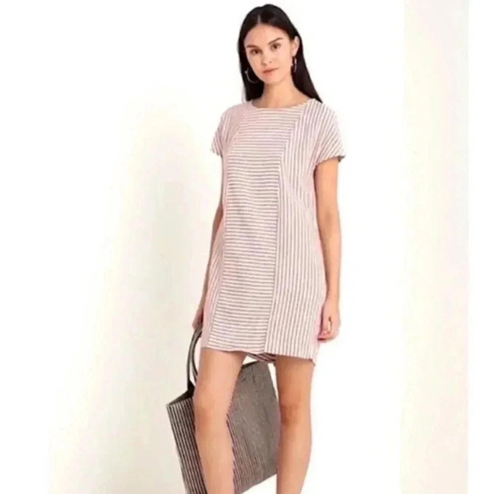 Madewell Women's Small Stripe-Play Button-Back Tee Dress G5305 Short Sleeve S Sm
